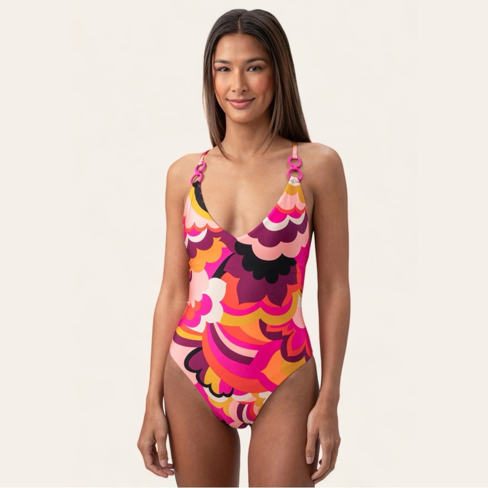 NWT Trina Turk Fan Faire Adjustable Twist Back Halter One Piece